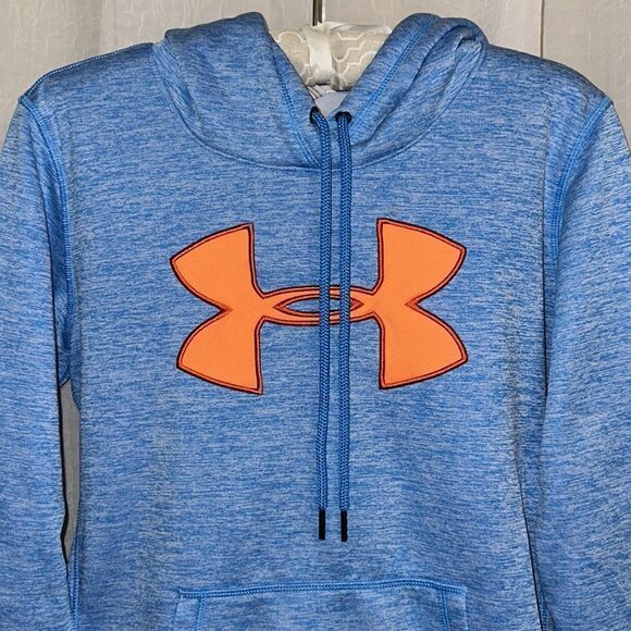 Under Armour 14 Heather Blue Neon Orange Pullover Hoodie Sweatshirt - Picture 3 of 11